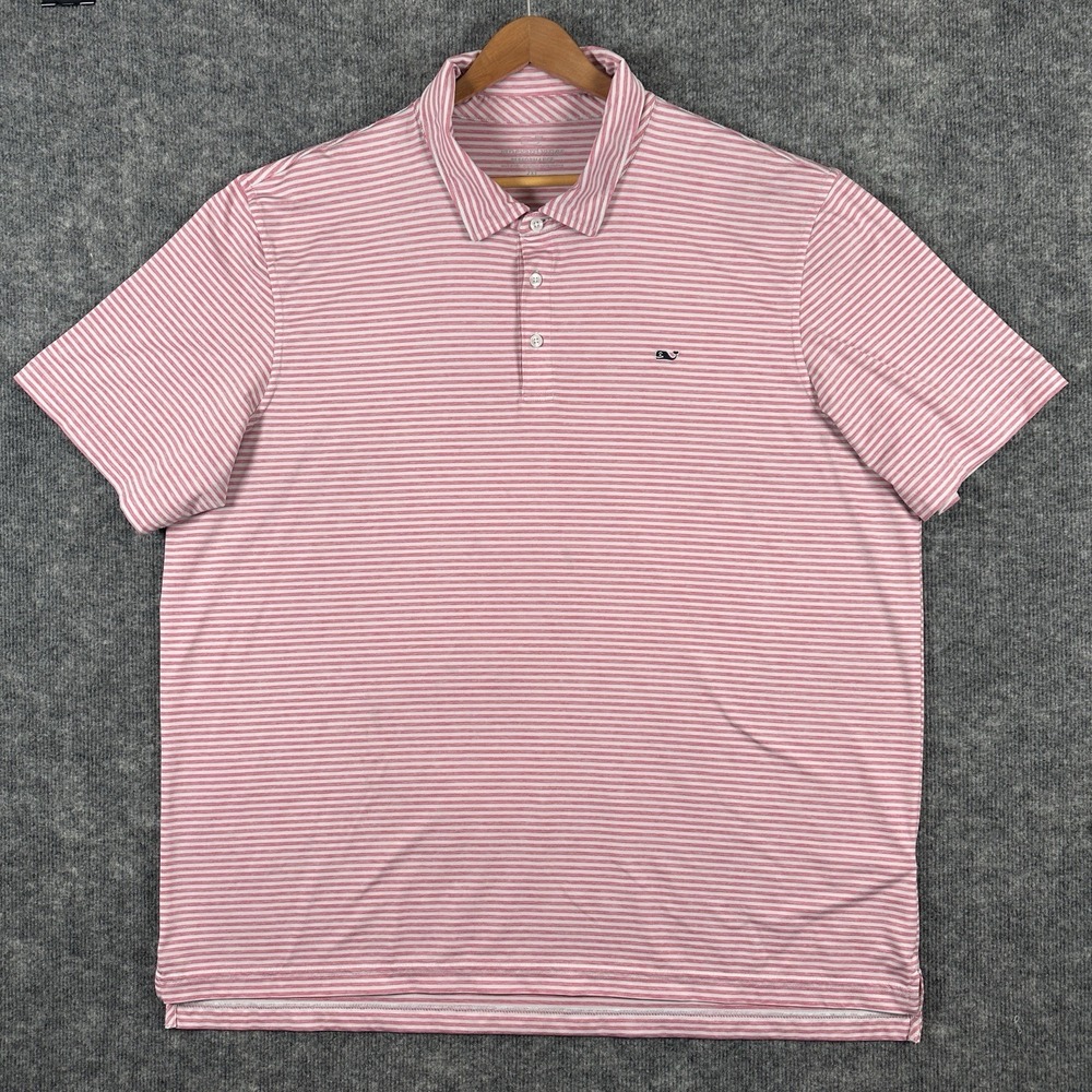 Vineyard Vines Performance Golf Polo Mens 2XL White Pink Striped Whale Logo